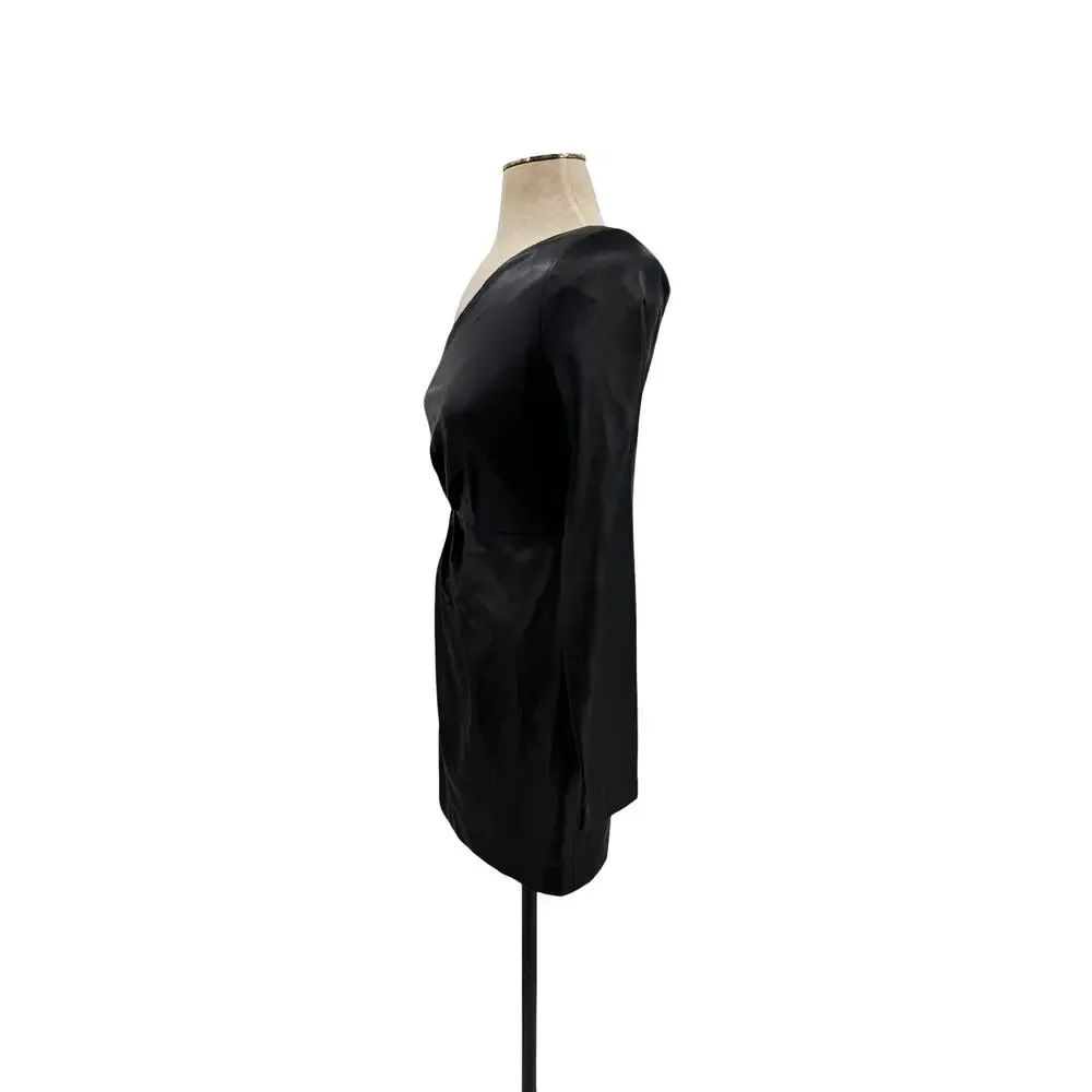 NBD Senia One Shoulder Faux Leather Mini Dress Black Long Sleeve XXS NWT